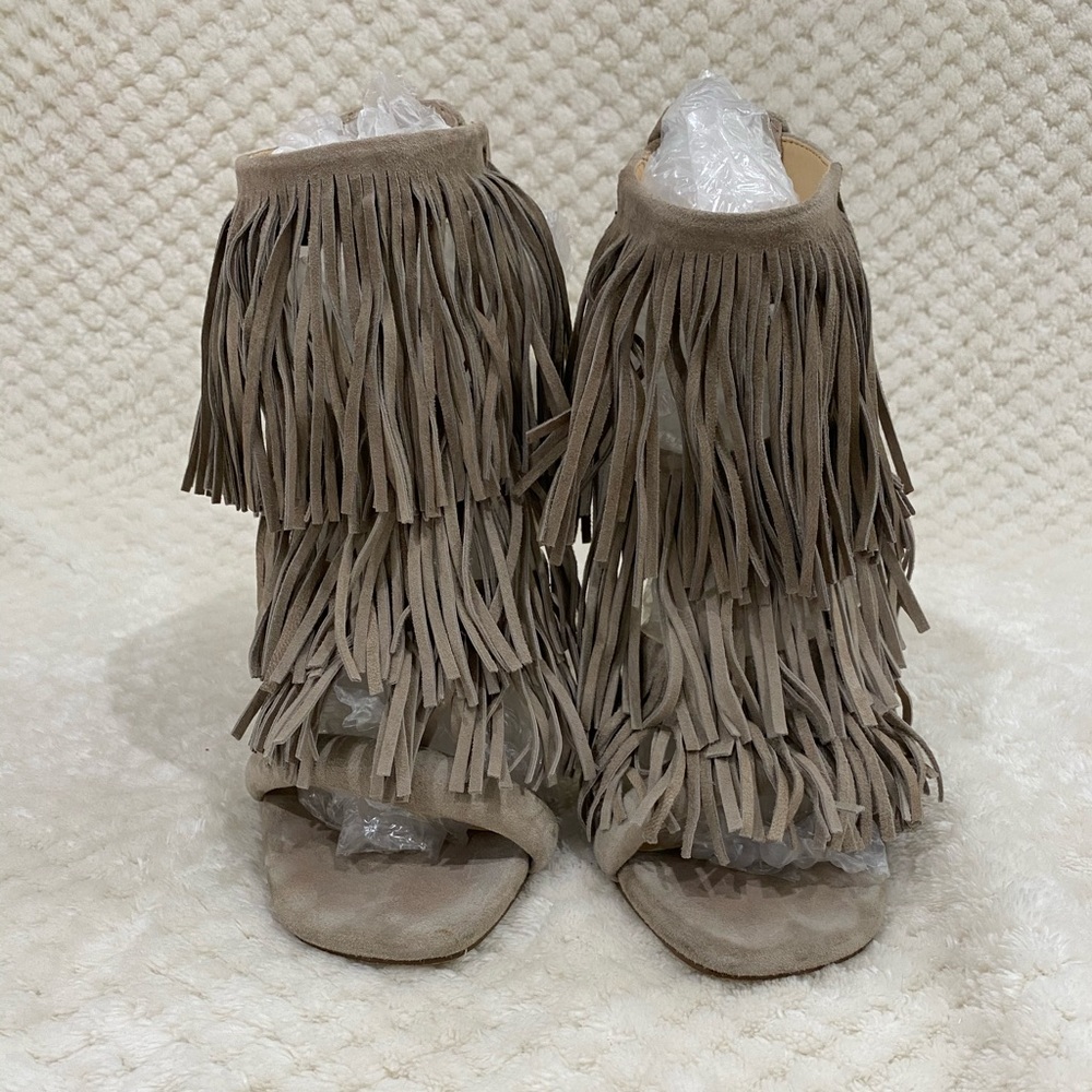 Steve Madden Heels Fringly Open Toe Suede in Taupe